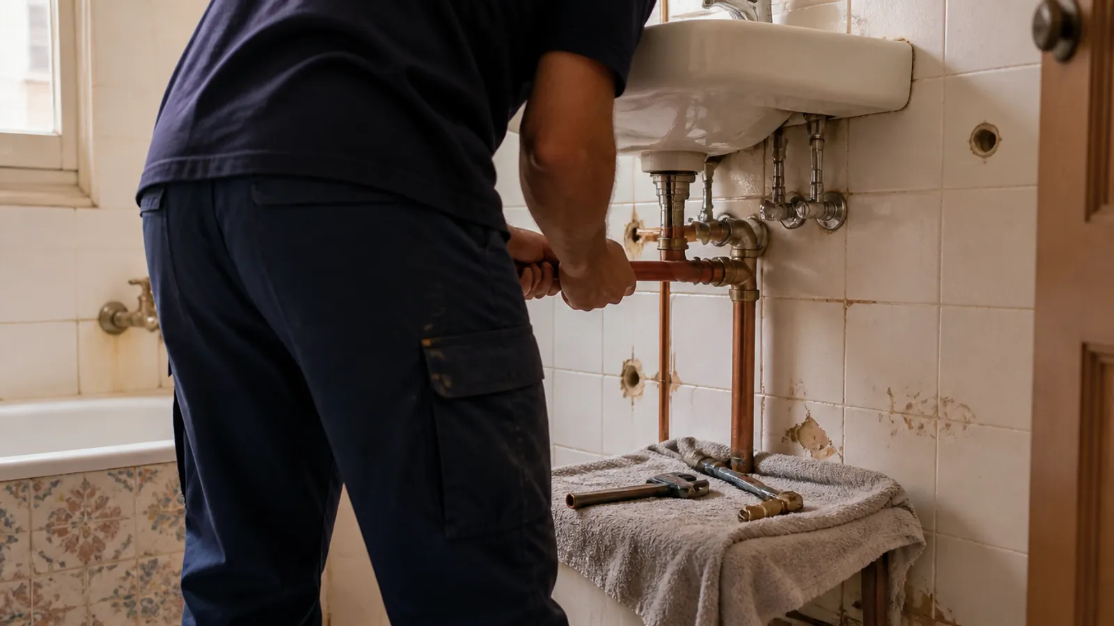 Reparación de tuberías de cobre bajo un lavabo en un domicilio de Murcia