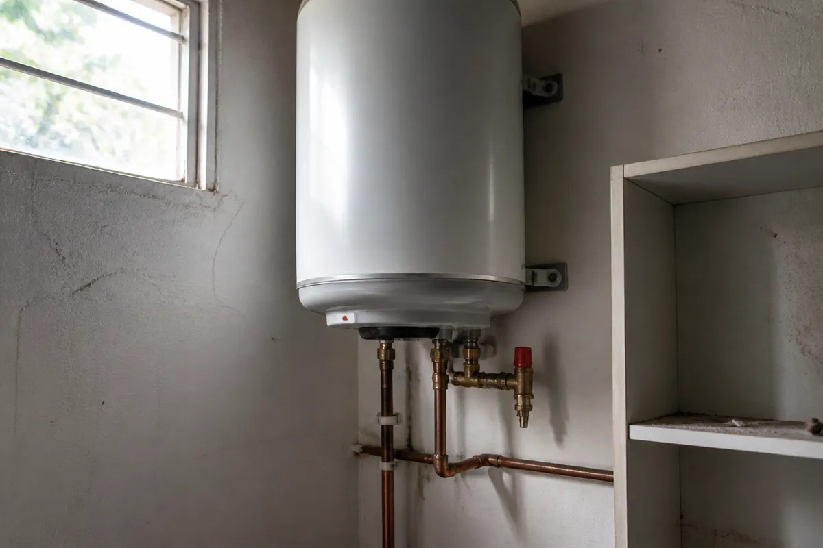 Termo eléctrico blanco con tuberías de cobre y llaves de corte en un armario